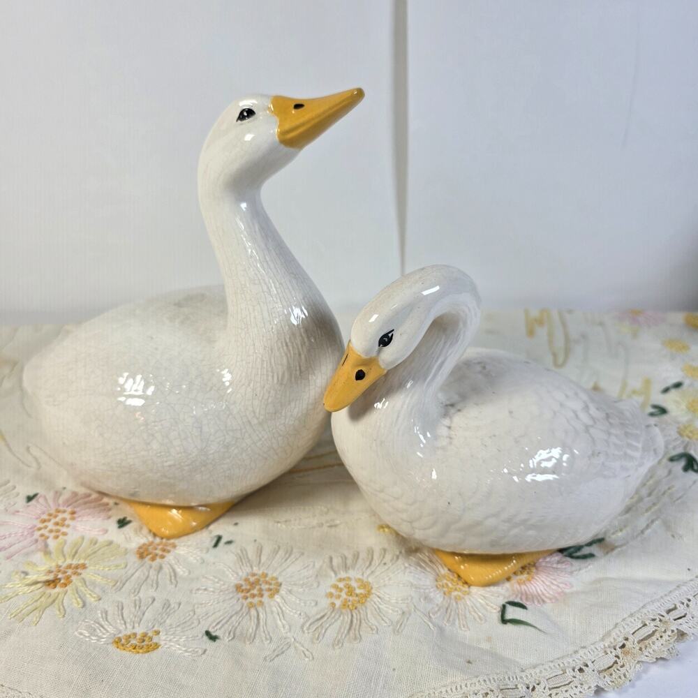 Vintage Pair Ceramic White Swan Goose Figurines Signed Dated 1987 1989 Decor